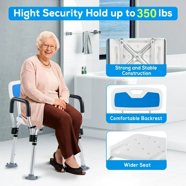 TNTANTS Shower Chair for Inside Shower with Armrests & Back, Upgraded Supports up to 350lbs Shower Seat with Padded and Grab Bar, Adjustable Height Shower Bench for Elderly Disabled