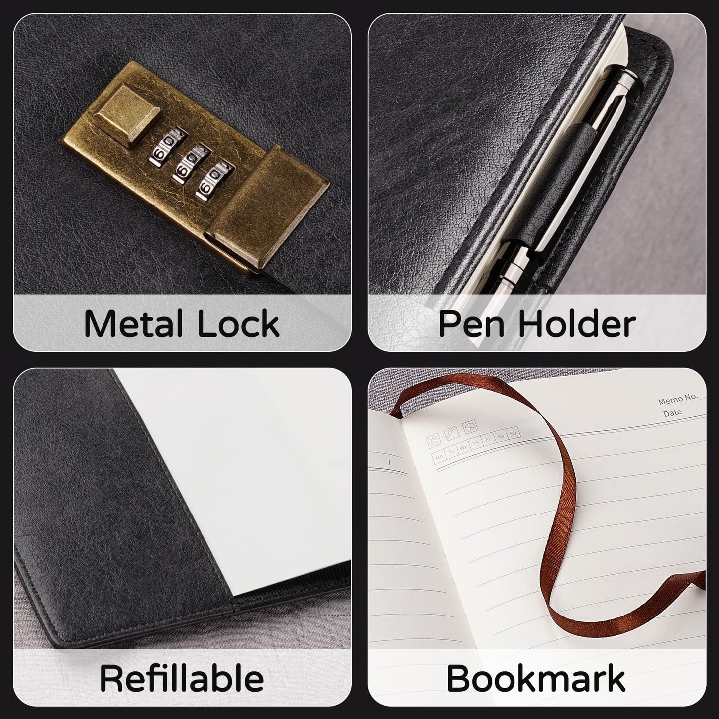 WEMATE Diary with Lock, A5 PU Leather, 240 Pages, Password Protected Notebook, Pen & Gift Box, Lock Diary,Black