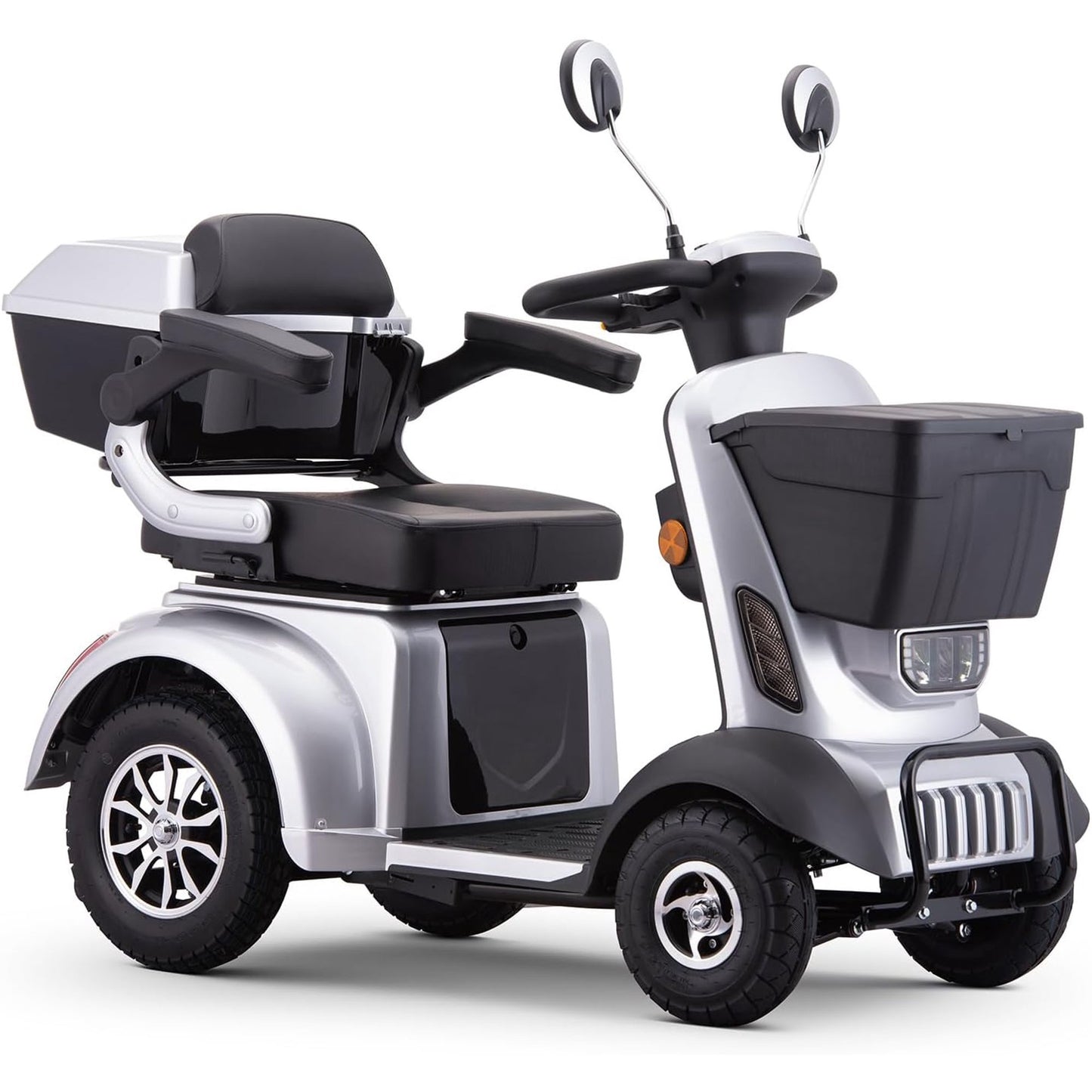 Large 4 Wheels Mobility Scooter (XW E05B), Electric Heavy Duty Wheelchair Device, 400 LBS Capacity for Seniors Adults, Speed Adjust, Front Rear Trunk, No Assemble Required (Silver)