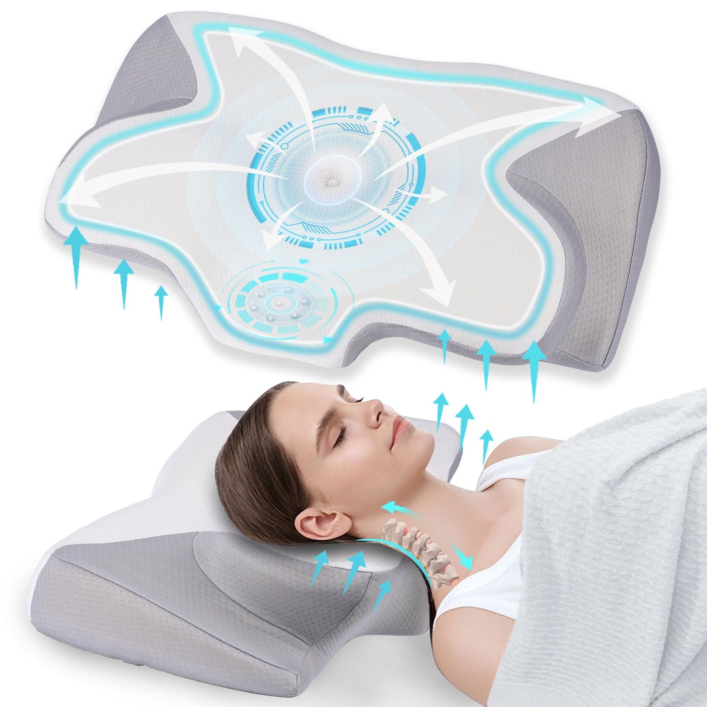 Cervical Pillow for Neck Pain Relief, Contour Memory Foam, Ergonomic Orthopedic Neck Support Pillow for Side, Back & Stomach Sleepers with Breathable Pillowcase, Grey