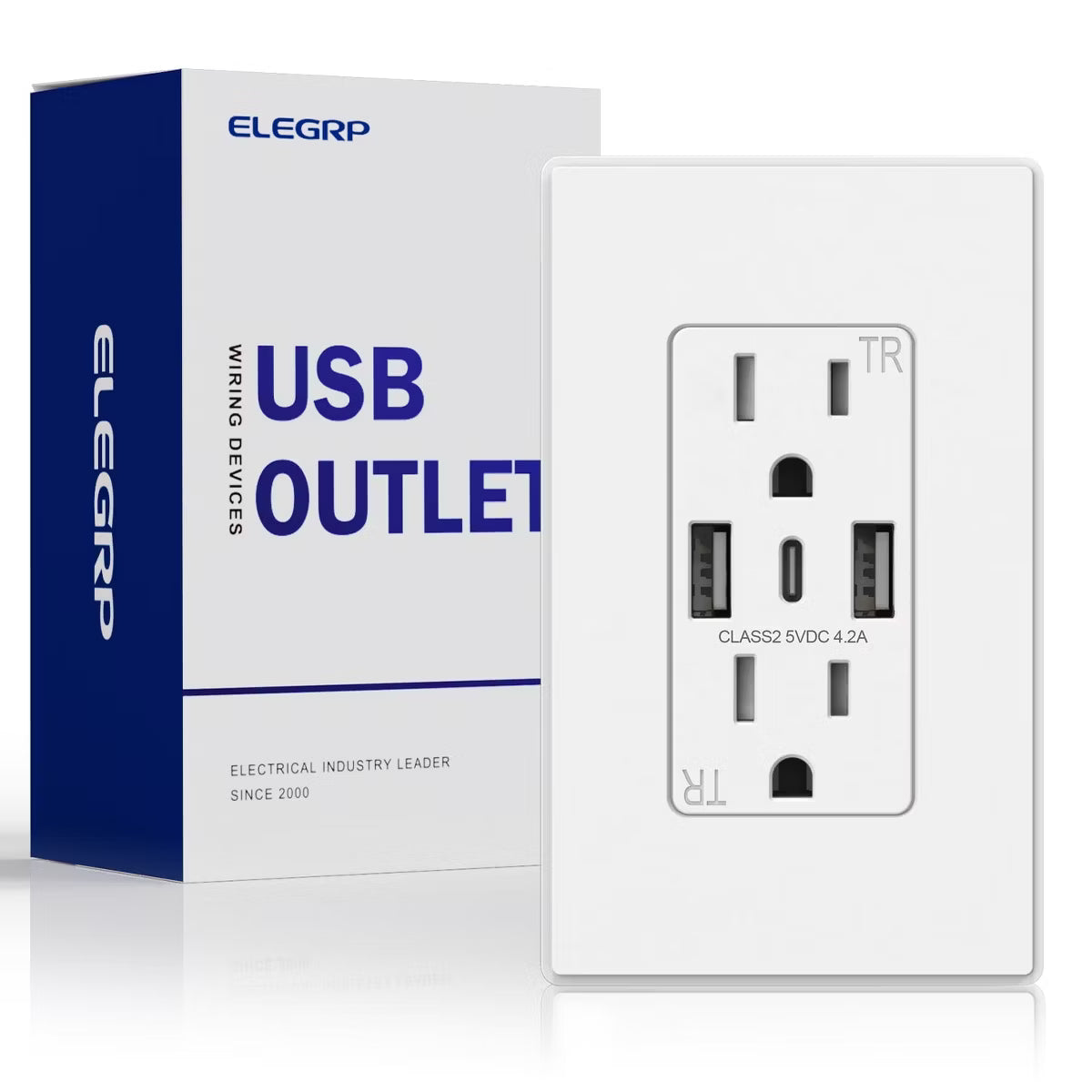 ELEGRP 3 Ports Dual Type A & Type C USB Charger Wall Outlet, 15 Amp Tamper-Resistant Outlet, with Wall Plate, White(1 Pack)