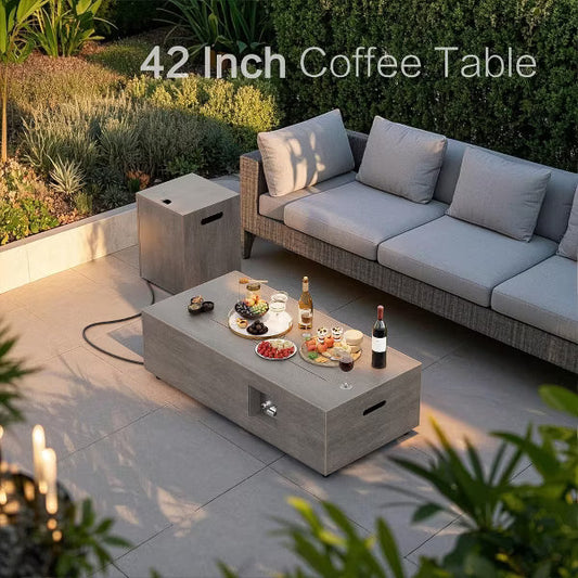 Evita Outdoor Fire Pit Table, 50,000 BTU Gas Fire Pit with Propane Tank, Windshield, Glass Stone and Rain Cover- 42*20*12 Inch, Brown