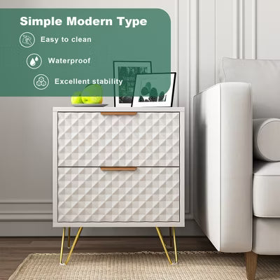 CIPACHO White 2-Piece Nightstand Set - 2-Drawer Modern Wood Table with Gold Legs (Bedroom/Living Room)