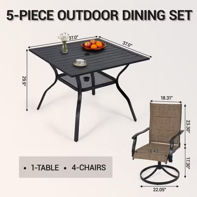 BOSMILLER 5-Piece Patio Dining Set with 4 Swivel Chairs & Square Metal Table, Umbrella Hole, All-Weather Outdoor Furniture - Brown