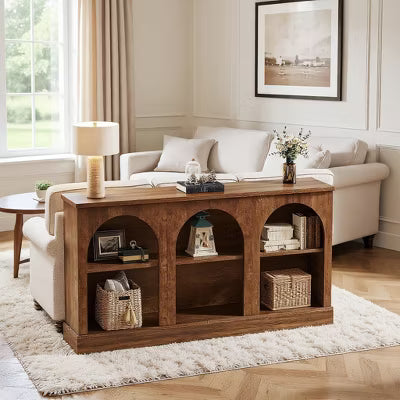 Resenkos Modern Black Console Table, Entryway & Living Room, Wooden Design, Arched Shelf, Stylish Display, Space-Saving Elegant, Black