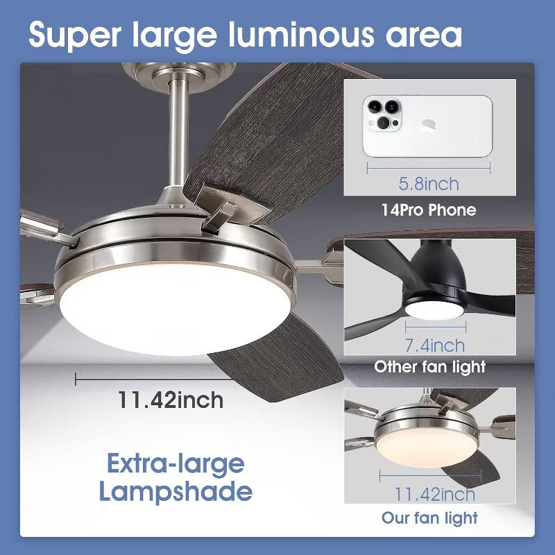 52 inch Modern Ceiling fan with Light,Nickle Downrod with Dual Side Blades,Reversible DC Motor