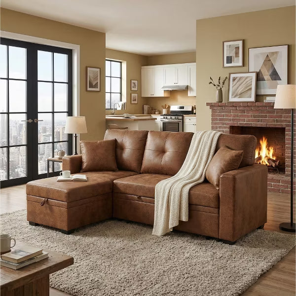 Movie Night Ready Sleeper Sofa – Light Brown L-Shaped Sectional with Pull-Out Bed, Reversible Chaise & Storage for Small Space Living Room