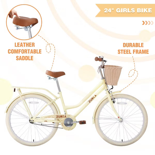 AENKYO 24-Inch Girls Bike with Basket, Low-Step Carbon Steel Frame, Easy to Assemble Adjustable Seat - Kids Bicycle for Boys and Girls