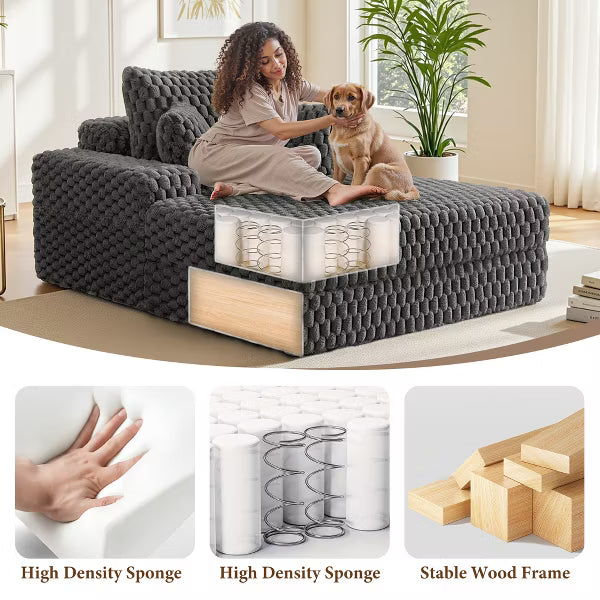 KERDOM Chaise Lounge Chair 53'' Comfy Oversized Reading Chair Fluffy Plush Cozy Couch Sofa Bed with Armrests and Pillows, for Rooms