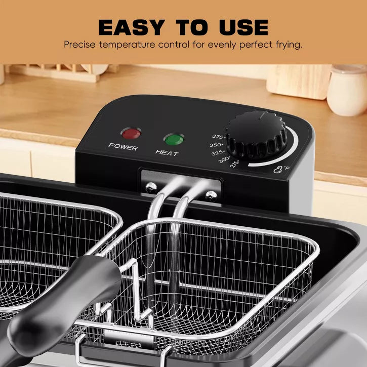 WHALL 3 Baskets,5 L Oil Capacity Deep Fryer,Temperature Control,Stainless Steel,1700 W