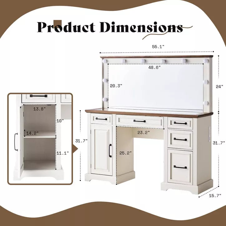 AMERLIFE 55" W Makeup Vanity with Hollywood Mirror, Glass Top Vanity with 5 Drawer