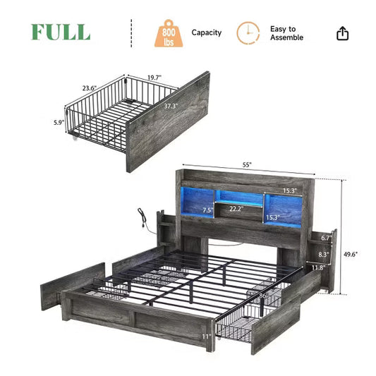 AMERLIFE Bed Frame with Drawers, LED, Bookcase Headboard, Charging, Shelves