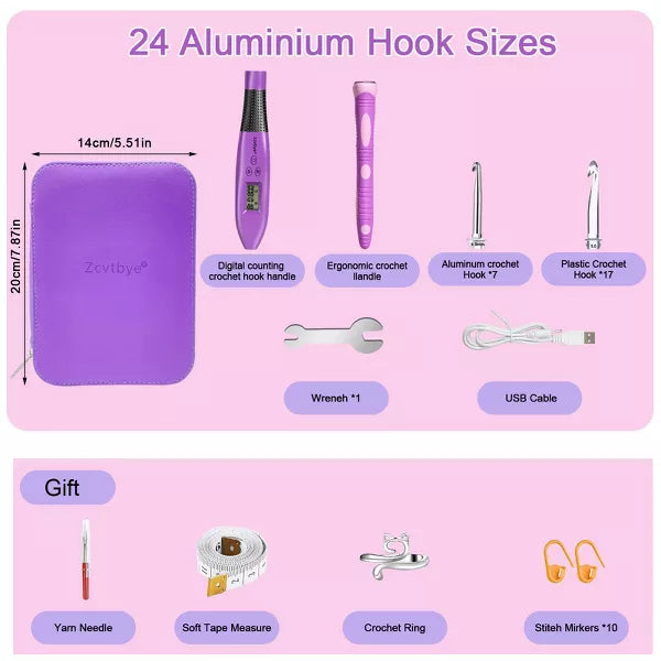 Zcvtbye 18/24 Size Counting Crochet Hooks Set, Light Up Crochet Hooks for Stitch & Row Counter, Lighted Crochet Needles Kit with Case
