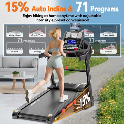 5.1HP Folding Treadmill for Home with 15% Auto Incline,300-400 LB Capacity,Adjustable iPad Holder, 10MPH Speed, 71 Programs,Knee Straps Gift