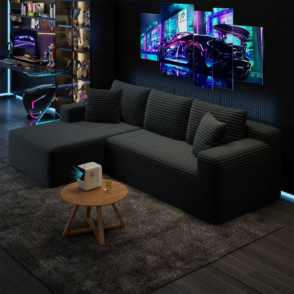 AENKYO 96" L-Shaped Corduroy Sofa, Modern Sectional Couch with High Back, Wide Stripe Fabric, 3-Seat Living Room Sofa
