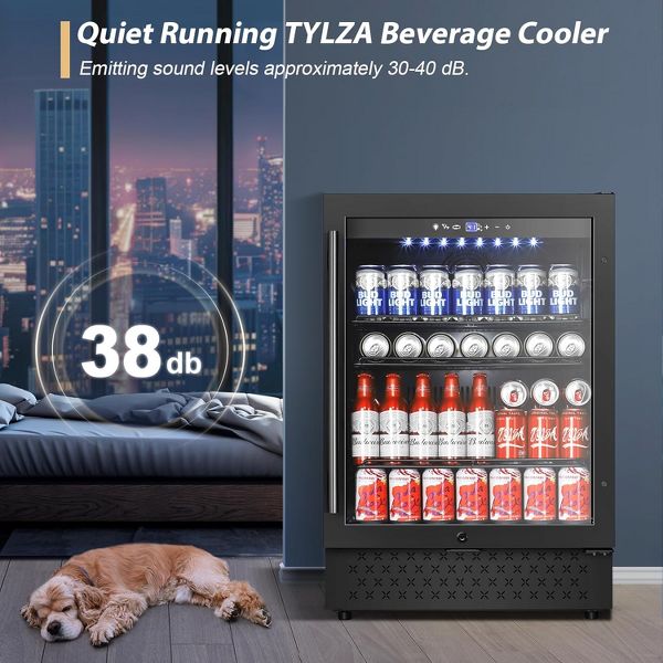 Tylza Beverage Refrigerator 24 Inch, Under Counter/Freestanding Drink Fridge, 190 Cans Beverage Cooler with Glass Reversible Door, ETC, Black