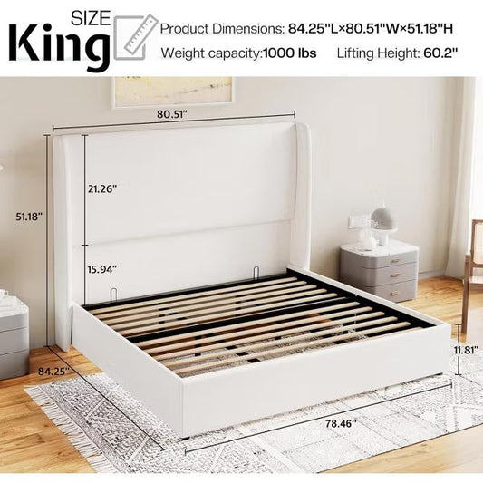 AMERLIFE Bed Frame with Lift Up Storage,Linen Upholstered Platform Bed,Wingback Headboard