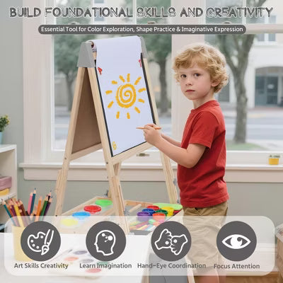 TODECARE Kids 3-in-1 Adjustable Kids Art Easel with Magnetic Whiteboard, Chalkboard, Paper Roll and Storage, Pink