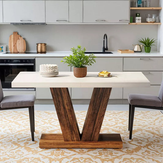 Lirago 47.24"L x 31.5"W Farmhouse Dining Table - Rustic White & Oak Engineered Wood Rectangular Table with Pedestal Base, Seats 4-6