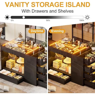 PAKASEPT Armoire Bedroom Island Wardrobe Closet Island with 8 Drawers & Glass Tabletop, LED Island Dresser with Jewelry Organizer, for Bedroom, Black