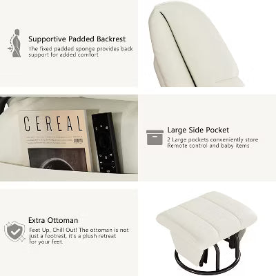White Swivel Rocking Glider Chair with Ottoman, Water-proof Faux Leather Ergonomic Nursing Glider for Nursery and Bedroom