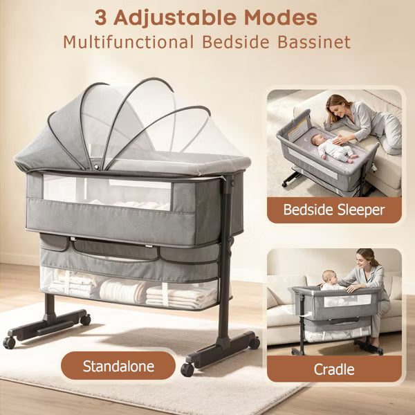 Baby Bassinet Bedside Sleeper, Portable 3-in-1 Design,Grey
