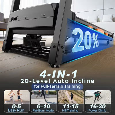 20% Auto Incline Treadmill 5HP, 400LB Treadmill for Home,12MPH Foldable Running Walking Treadmill w/ APP,105 Programs for Varied Intensity Workouts