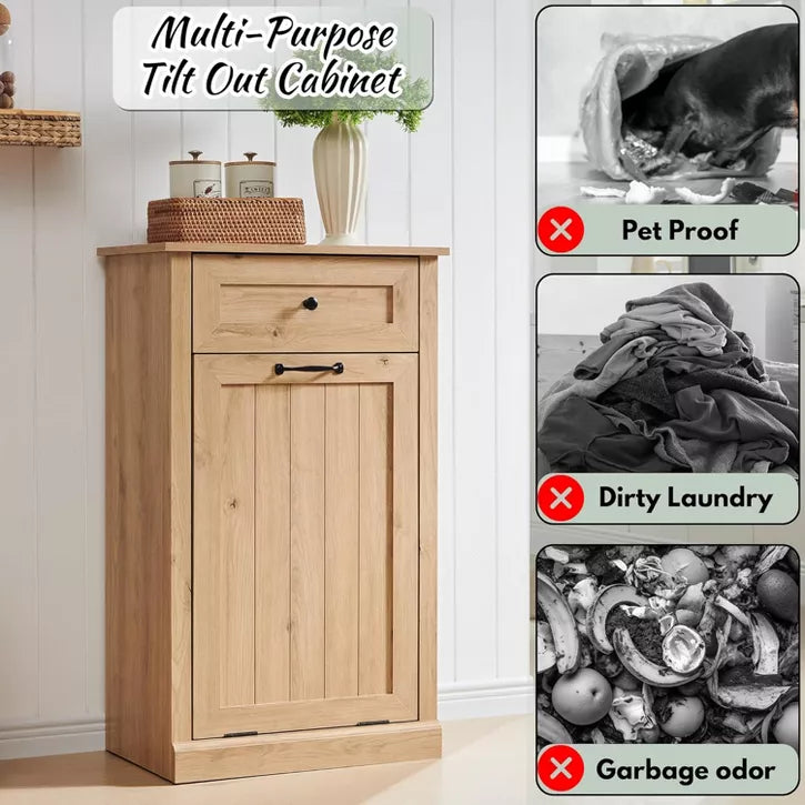 Tilt Out Laundry Hamper Cabinet, Farmhouse Laundry Storage Cabinet with Drawers, Hidden Trash Can Cabinet or Laundry Cabinet for Bathroom, Kitchen