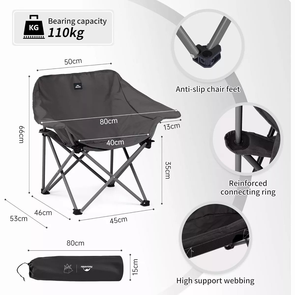 Naturehike Foldable Camping Chair Can bear 110 kg Fishing Chair Portable folding chair With armrest and two pockets