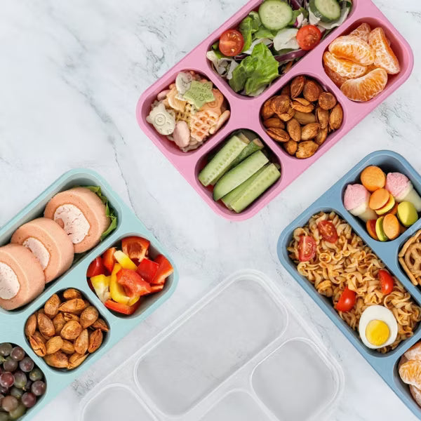 BRINJOY 5-Compartment Snack & Lunch Containers, 3-Pack 1300ml with 3 Sauce Containers, Wheat Straw Dishwasher Safe for Work School