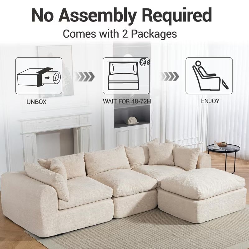 Bosmiller 113'' Modular Sectional Sofa Couches Boneless Convertible L-Shape Cloud Velvet Couch with Ottoman, No Assembly