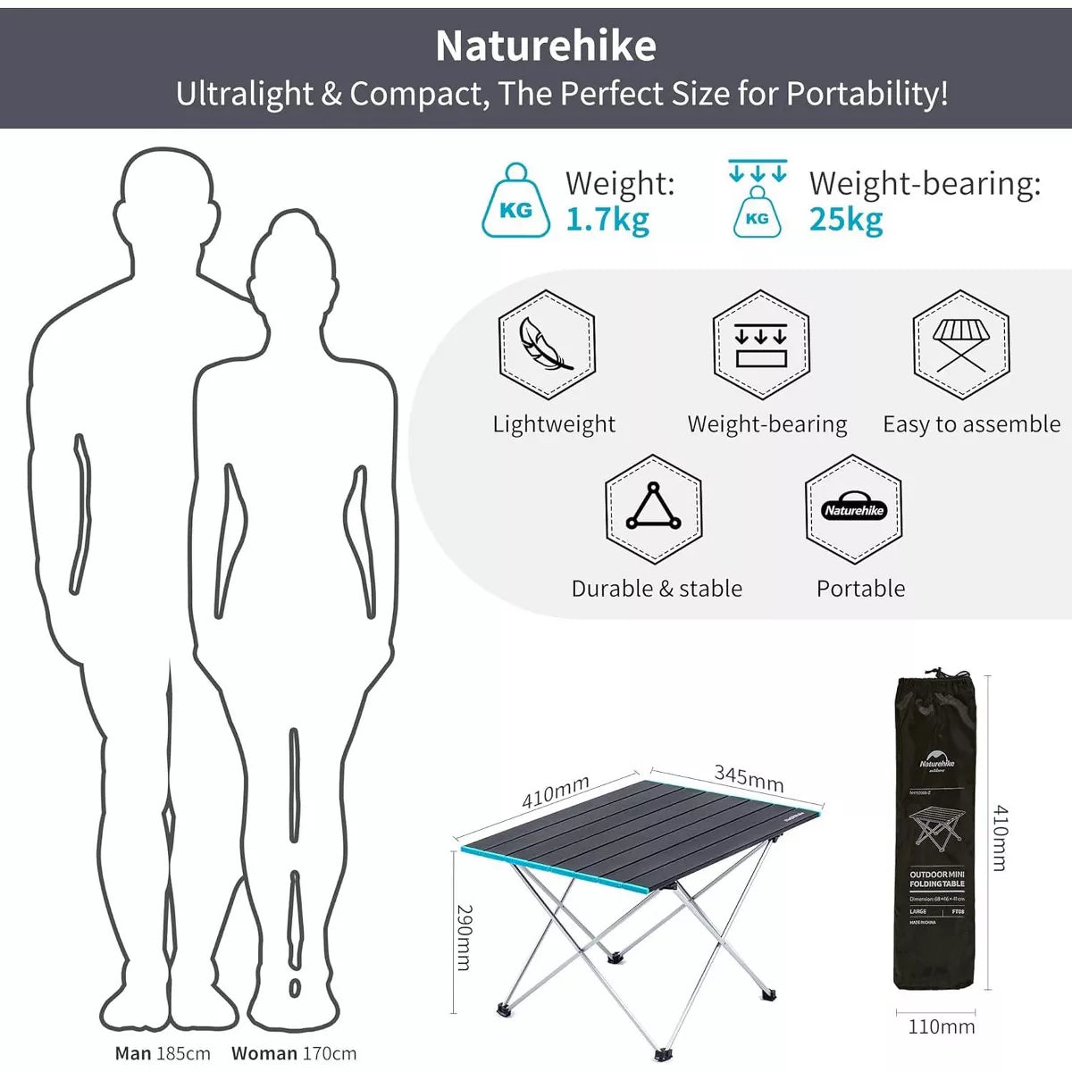 Naturehike FT08 Portable Camping Table, Ultralight Aluminum Folding Beach Table with Carry Bag for Outdoor Cooking, Picnic, Camp, Boat, Travel