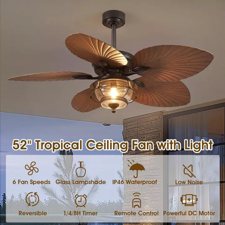 52 Inches Tropical Palm Leaf Waterproof Ceiling Fans with Lights and Remote/APP Reversible 6 Speeds
