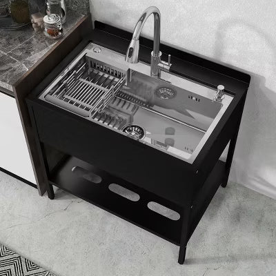 CHEVNI Silver Kitchen Sink Stainless Steel Single Bowl with Faucet Black Shelf Freestanding