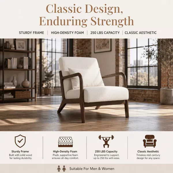 Mid Century Modern Accent Chair with Wood Frame – Cozy Reading Armchair for Living Room, Bedroom or Sunroom (Waist Cushion Included)