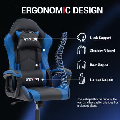 Bosmiller Ergonomic Gaming Chair Racing Style Office Chair, Computer Desk Chair, Swivel PU Leather PC Gamer Chair, Blue