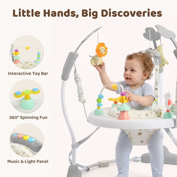 Kinder King Baby Activity Center Jumper, 360 Rotating Seat, 3-Level Adjustable Height, Interactive Toys, Removable Foot Mat, Gray