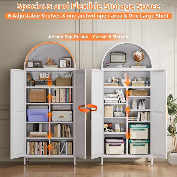 SUXXAN Metal Arched Cabinet with Adjustable Shelves, Farmhouse Pantry Cabinet with 2 Doors for Home Kitchen,White, Assemble Required