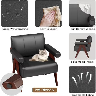 TYBOATLE Black Faux Leather Chair, Mid-Century Accent Chair with 7-inch Thick Seat Cushion For Office, Study Room