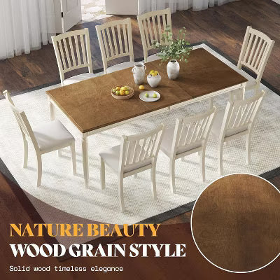 AMERLIFE Farmhouse Dining Set, 79" Solid Wood Table with 8 Upholstered Chairs, Roman-Style Tapered Legs, for Kitchen & Dining Room, Brown & White