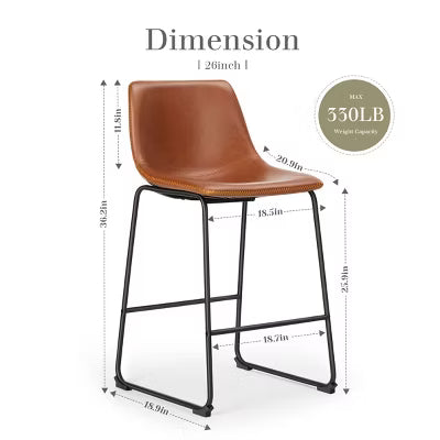 SEVOBAL Counter Height Bar Stools Set of 2 Modern Faux Leather Barstools with Back Island Stools Countertop Bar Chairs, Brown, 18.5"*20.8"*36.2"
