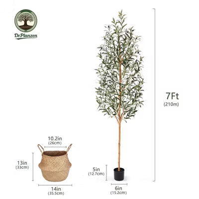 Artificial Olive Tree with Real Wood Trunk, UV Resistant Potted Faux Plant in Woven Basket for Indoor Home Decor