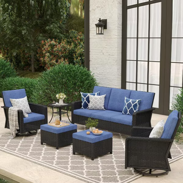 SUGOLD Hand Woven Wicker Patio Conversation Set with Blue Cushions