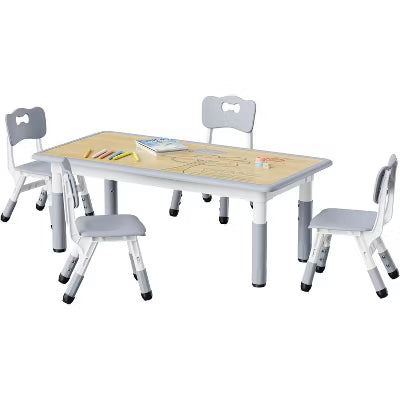 Kinder King Kids Wood Table & 2 Chairs Set, 4 in 1 Children Activity Table w/Double Bookcase, Toddler Furniture Set, Gray