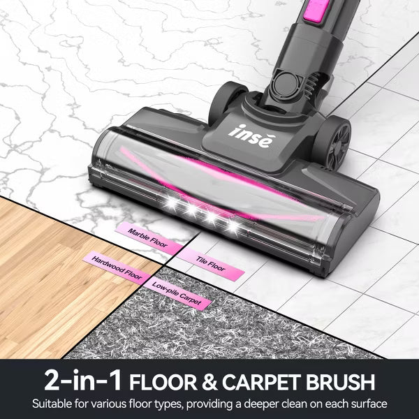 INSE N5T Cordless Vacuum Cleaner, 12Kpa 145W Lightweight Powerful Suction Cordless Stick Vacuum Up to 45 Mins Runtime Red