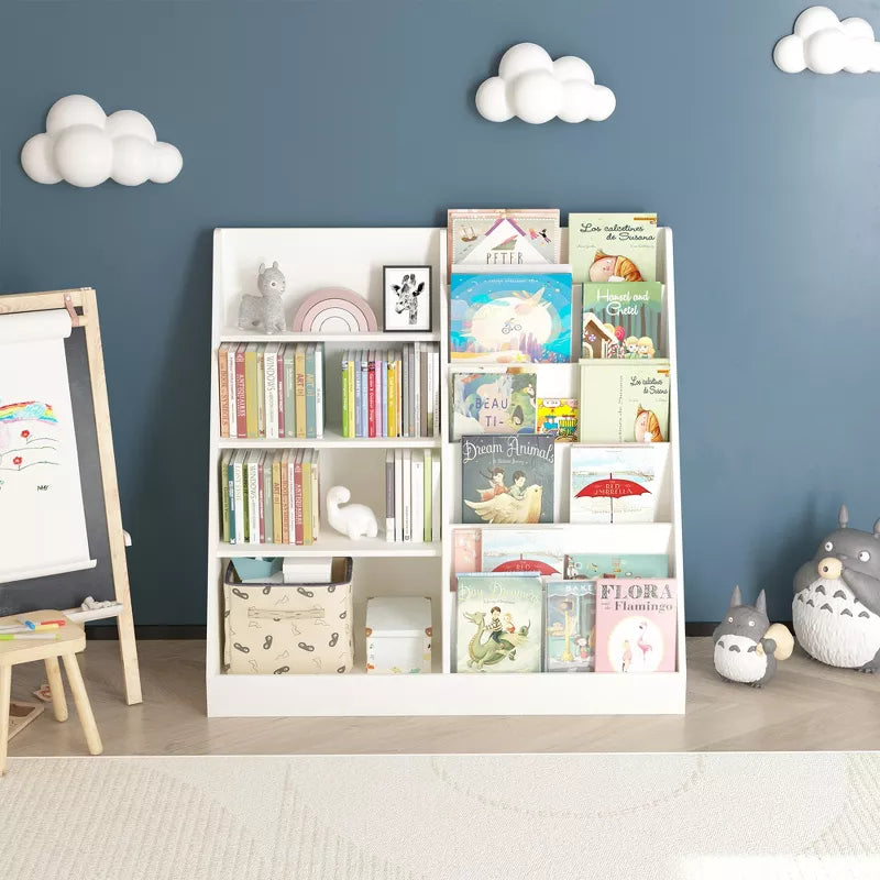 Fontoi Decorative Bookshelf, Modern 4 Tier Bookcase, Toy Storage Organizer for Toddlers' Playroom Nursery, White, 15.75"*33.47"*34.65"