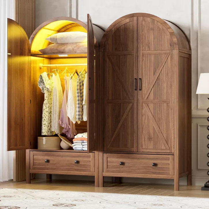PAKASEPT 70.9‘’ Arched Wooden Armoire Wardrobe Closet with Drawers and Fluted Doors, with Light & Shelves and Hanging Rod, Brown