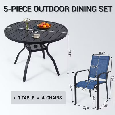 BOSMILLER 5-Piece Patio Dining Set with 4 Textilene Chairs & Round Metal Table, Umbrella Hole, All-Weather for Lawn Garden - Blue