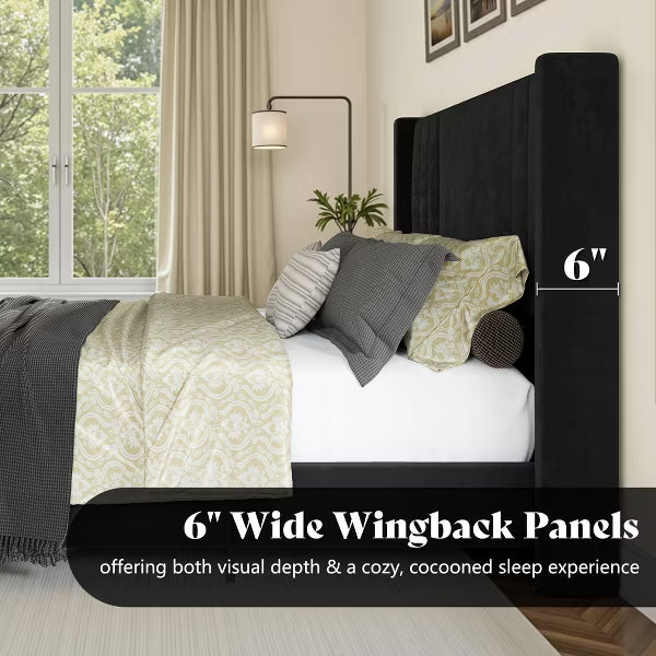 AMERLIFE Velvet Upholstered Platform Bed with Vertical Channel Tufted Headboard/Wingback