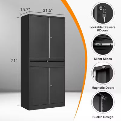 Mlezan 69" Metal Garage Cabinet: 4 Doors, 1 Drawer, 2 Adjustable Shelves, Wheels, Locking. For Garage, Utility, or Home Office.
